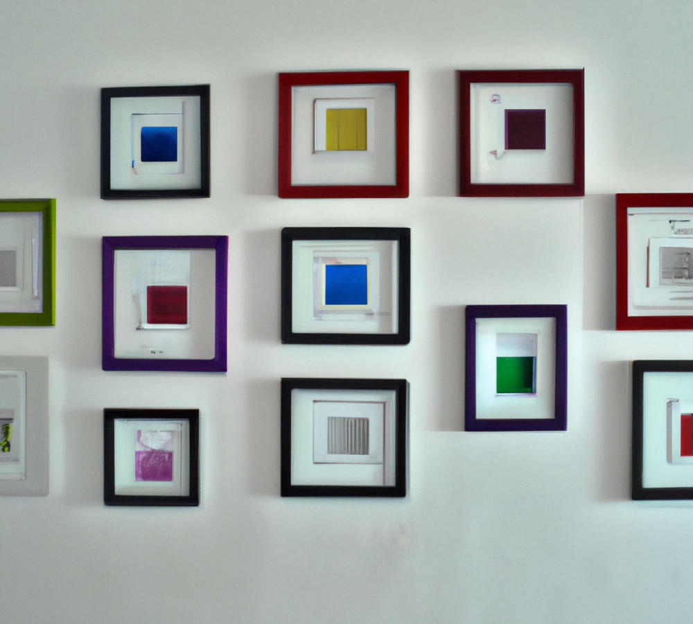 Framed colour paper samples on a wall